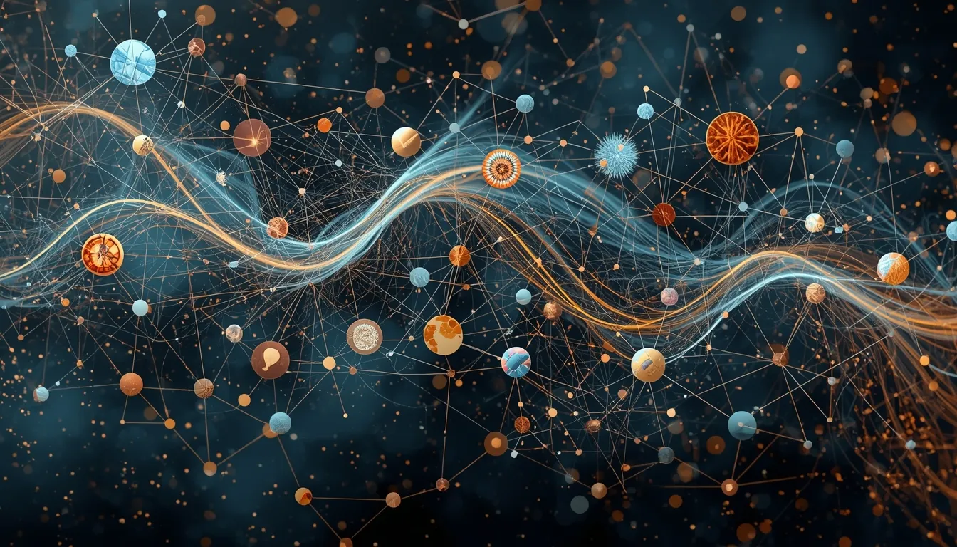 Abstract visualization of interconnected daily rhythm showing movement, nutrition, and rest as flowing, linked elements